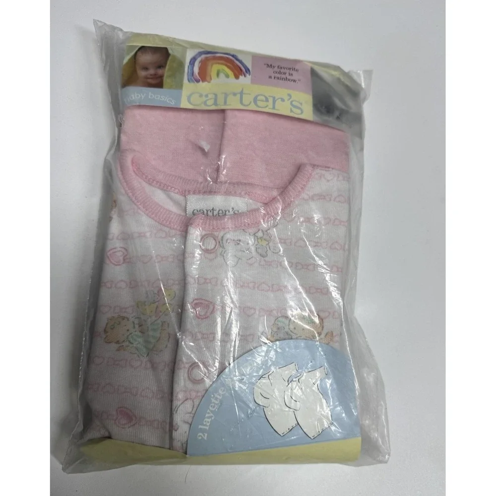 Vintage Carter's Infant Layette Gowns Bear Bows Hearts Print Pink Set of Two NEW